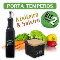 Azeiteiro de Vidro Preto Brilhante e Saleiro de Porcelana Preta com Tampa Bambu Azeiteiro de Vidro Preto Brilhante e Saleiro de Porcelana Preta com Tampa Bambu