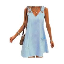 Azul Branco Listrado Sem Mangas Com Decote Em V Vestido De Bolso plus Size Feminino Verão