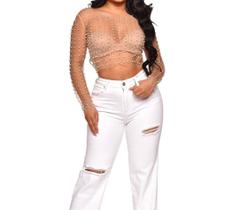 B0109 Blusa Feminina Transparente Tule Bordado Pérola Strass Luxo B0109 Blusa Feminina Transparente Tule Bordado Pérola Strass Luxo