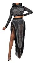B0119-Conjunto Feminino Top Saia Fenda Franja Bordado Pedraria N50