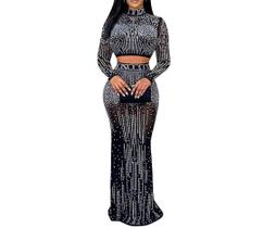 B0122-Conjunto Bordado Pedraria Top Cropped Saia Longa Luxo Festa