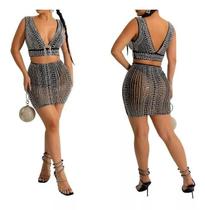 B0127-Conjunto Festa Balada Sexy Saia Top Cropped Luxo Strass M63