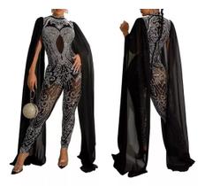 B0131-Macacão Festa Evento Luxo Colado Bordado Transparente J1231