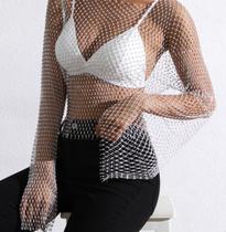 B0405-Blusa Top Cropped Transparência Manga Longa Strass Brilho Pedraria Festa Carnaval Balada B0405-Blusa Top Cropped Transparência Manga Longa Strass Brilho Pedraria Festa Carnaval Balada