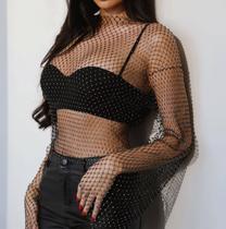 B0405-Blusa Top Cropped Transparência Manga Longa Strass Brilho Pedraria Festa Carnaval Balada