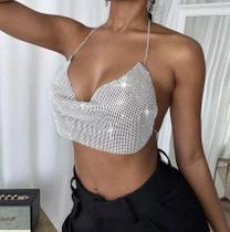 B0406-Blusa Top Cropped Dourado Prateado Preto Sutiã Strass Brilho Festa Carnaval Balada