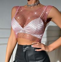 B0409-Blusa Top Cropped Strass Brilhoso Pedraria Festa Carnaval Balada Réveillon