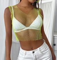 B0409-Blusa Top Cropped Strass Brilhoso Pedraria Festa Carnaval Balada Réveillon
