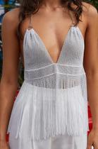 B0411-Top Cropped Blusa Preto Branco Strass Brilho Franja Festa Carnaval Balada