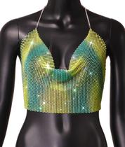 B0412-Blusa Top Cropped Bordado Pedraria Strass Festa Carnaval Balada