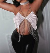 B0420- Blusa Top Cropped Metalizado Brilho Franja Balada Luxo