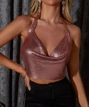 B0422- Blusa Top Cropped Metalizado Brilho Festa Balada Carnaval