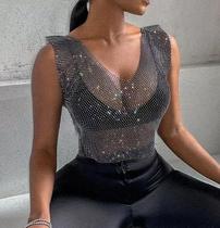 B0426-Blusa Topcropped Pedraria Festa Strassbrilho Decotado Balada