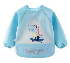 Babador Avental Manga Longa Impermeável Cata Migalhas Meninos Dinossauro Azul