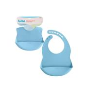 Babador Bebê Silicone Azul Com Bolso Pega Migalhas Alimentação Diária Prático Fácil de Lavar Buba