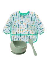 Babador Cactos Manga Longa Tigela Bowl Ventosa Colher Silicone Verde