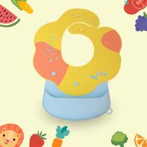 Babador de silicone para bebês com bolso "segura" alimentos e botões para ajuste de altura (cor: Azul com amarelo)