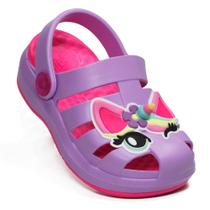 Babuche Sandalia infantil Plugt Unicórnio 3D EVA Lilás com Solado Rosa Conforto e Estilo Infantil Loja Plugt