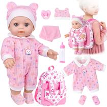 Baby Doll BDDOLL de 12 polegadas com mochila rosa, roupas e mamadeira