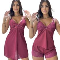 Baby Doll + Camisola Luxo Sensual Helanca Renda Calcinha fio Sexy Confortável