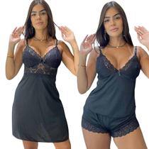 Baby Doll + Camisola Luxo Sensual Helanca Renda Calcinha fio Sexy Confortável