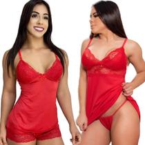 Baby Doll + Camisola Luxo Sensual Helanca Renda Calcinha fio Sexy Confortável - Like4you