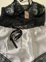 Baby Doll Cetim Renda Preto e Branco Tamanho M