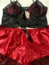 Baby Doll Cetim Renda Preto e Vermelho Tamanho G