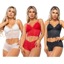 Baby Doll Conjunto de Renda Cropped + Calesson Forrado Sem Bojo Baby Doll Rendado