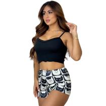 Baby Doll Feminino Cropped Caneladinho e short estampado Mariane