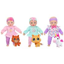 Baby Doll New Adventures Little Sweeties com animais de estimação de 20 cm com roupas