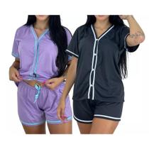 Baby doll pijama americano blusa com botões e short feminino