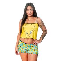 Baby Doll Pijama Cropped Estampado Personagens e Short Ondinha Design Divertido