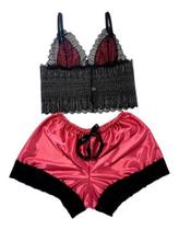 Baby Doll Plus Size Renda Cetim Com Elastano Conjunto Lingerie Top Shorts Pijama