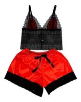 Baby Doll Plus Size Renda Cetim Com Elastano Conjunto Lingerie Top Shorts Pijama