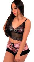 Baby Doll Renda Cetim Conjunto Lingerie Pijama Top Shorts