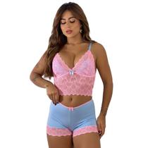 Baby Doll Sensual Short Doll Com Renda Bicolor Neon Pijama