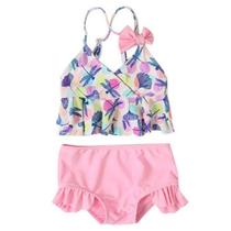 Baby Girls Swimsuit Ruffle Sem Mangas Duas Peças Destilados Impressão maiôs - Rosa - 3XL