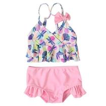 Baby Girls Swimsuit Sleeveless Ruffle Two Piece Swimwear Printing Bathing Suits - Pink - L