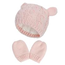 Baby Hat e Mittens Set Kids Knitted Cotton Beanie Cap Winter Warm Boys Girls - Pink - S