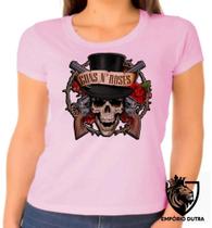 Baby look blusa Feminina ou Camiseta Unissex guns in roses caveira rock in roll Baby look blusa Feminina ou Camiseta Unissex guns in roses caveira rock in roll
