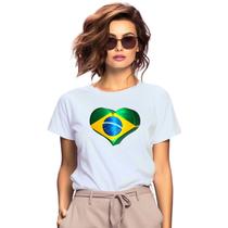 Baby Look Brasil Coração Personalizada Feminina Adulto Algodão com Poliéster Baby Look Brasil Coração Personalizada Feminina Adulto Algodão com Poliéster