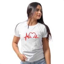 Baby Look Camiseta Feminina Estampa Coração Batimento Cardíaco Algodão