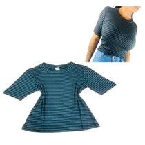 Baby look camiseta feminina modal listrada com manguinha e gola redonda