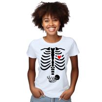 Baby Look Esqueleto Raio X Grávida Personalizada Feminina Adulto Algodão com Poliéster Baby Look Esqueleto Raio X Grávida Personalizada Feminina Adulto Algodão com Poliéster