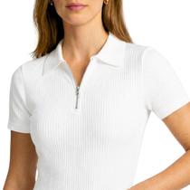 Baby Look Feminina Manga Curta Gola Polo com Zíper Malha Canelada Premium Slim Fit Casual Moderna