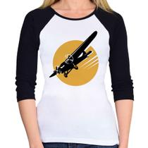 Baby Look Raglan Avião Bimotor Manga 3/4 - Foca na Moda