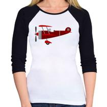 Baby Look Raglan Avião Biplano Manga 3/4 - Foca na Moda Baby Look Raglan Avião Biplano Manga 3/4 - Foca na Moda