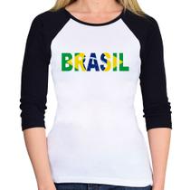 Baby Look Raglan Bandeira Brasil Letras Manga 3/4 - Foca na Moda