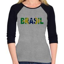 Baby Look Raglan Bandeira Brasil Letras Manga 3/4 - Foca na Moda